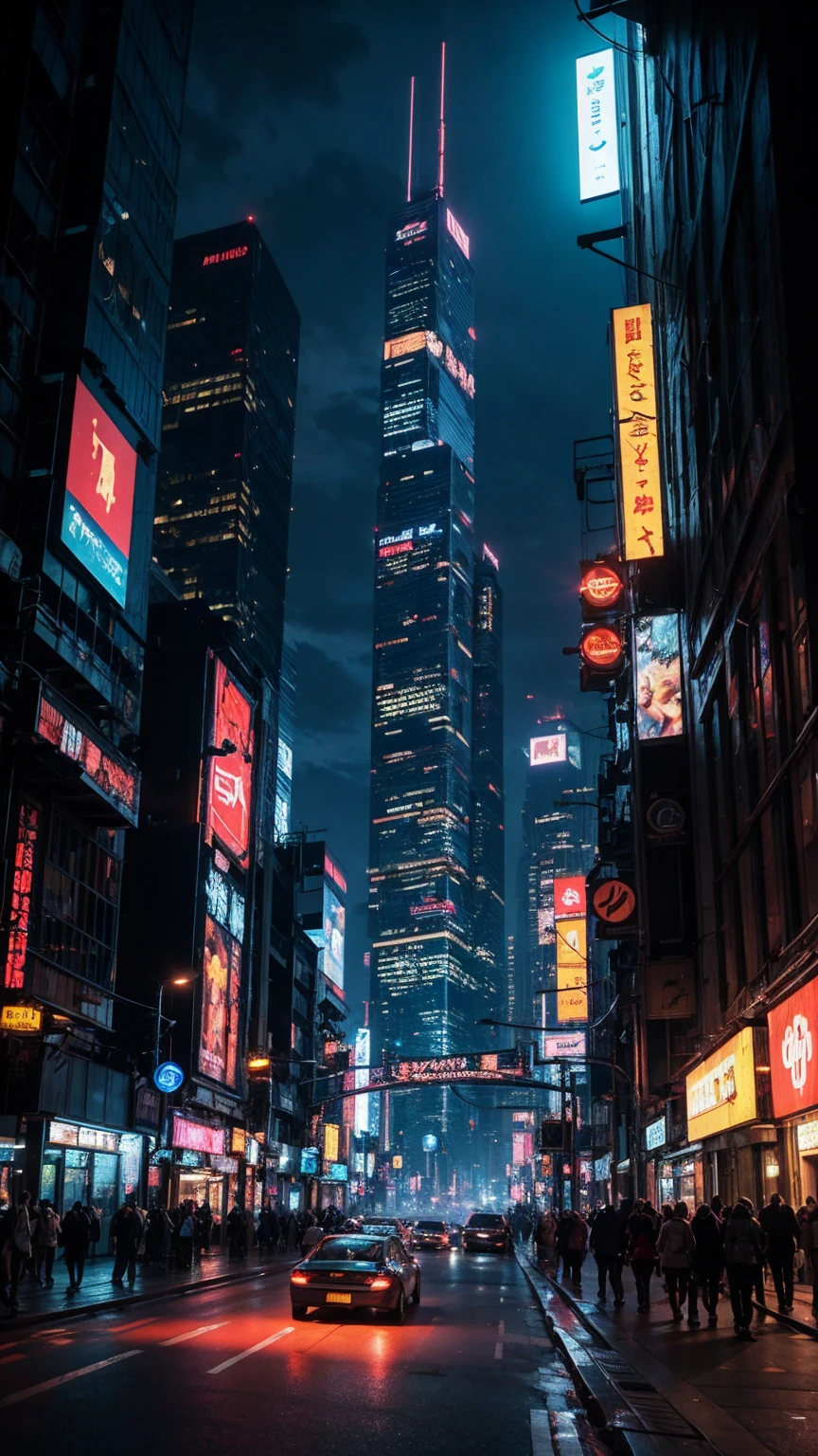 eine hochdetaillierte Cyberpunk-Szene, eine futuristische Stadtlandschaft mit hoch aufragenden Wolkenkratzern, Neonlichter, und fortschrittliche Technologie, 4k, beste Qualität, ultra-detailliert, fotorealistisch, filmische Beleuchtung, dramatische Farben, dynamische Komposition, komplizierte Architektur, holografische Displays, fliegende Fahrzeuge, fortgeschrittene Robotik, stimmungsvolle Atmosphäre