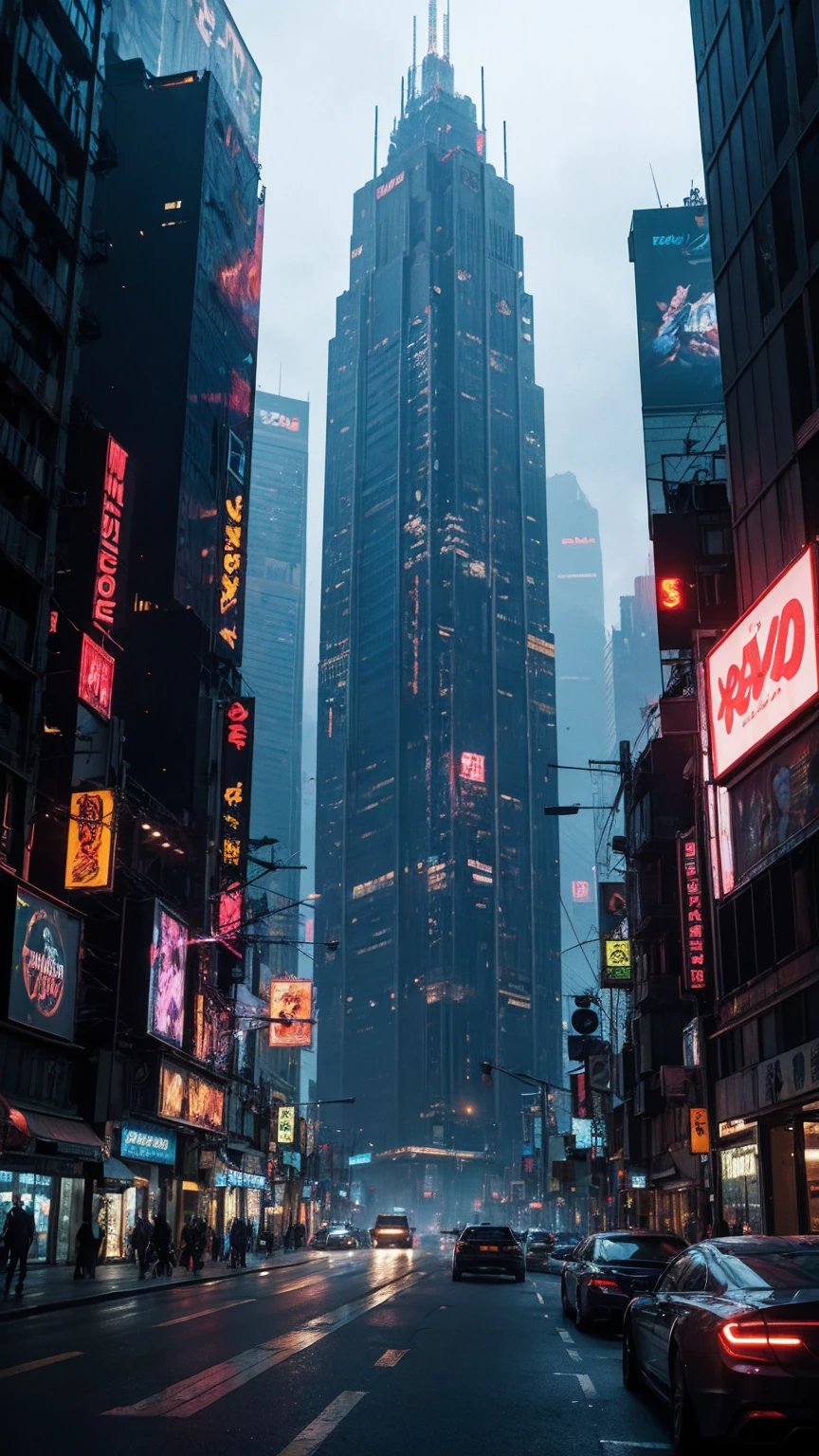 uma cena cyberpunk altamente detalhada, Uma paisagem urbana futurista com arranha-céus imponentes, luzes de neon, e tecnologia avançada, 4K, melhor qualidade, Ultra-detalhado, fotorrealista, iluminação cinematográfica, cores dramáticas, composição dinâmica, arquitetura complexa, exibições holográficas, veículos voadores, robótica avançada, atmosfera temperamental