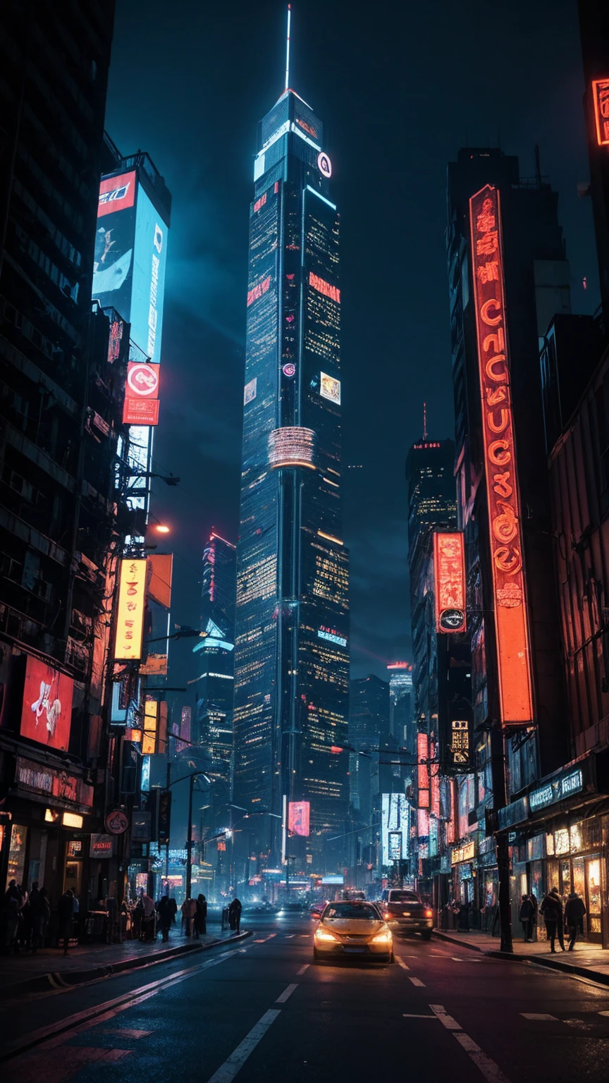 uma cena cyberpunk altamente detalhada, Uma paisagem urbana futurista com arranha-céus imponentes, luzes de neon, e tecnologia avançada, 4K, melhor qualidade, Ultra-detalhado, fotorrealista, iluminação cinematográfica, cores dramáticas, composição dinâmica, arquitetura complexa, exibições holográficas, veículos voadores, robótica avançada, atmosfera temperamental