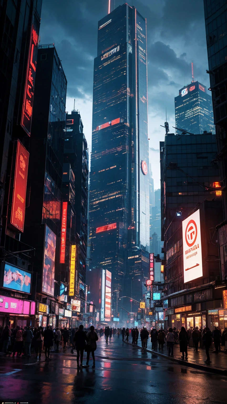 uma cena cyberpunk altamente detalhada, Uma paisagem urbana futurista com arranha-céus imponentes, luzes de neon, e tecnologia avançada, 4K, melhor qualidade, Ultra-detalhado, fotorrealista, iluminação cinematográfica, cores dramáticas, composição dinâmica, arquitetura complexa, exibições holográficas, veículos voadores, robótica avançada, atmosfera temperamental