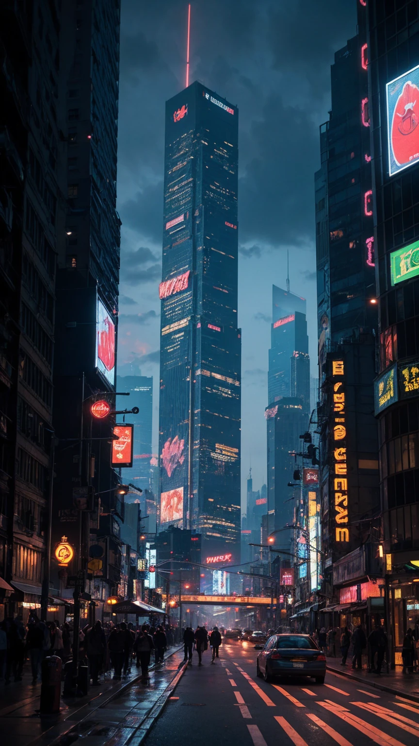 eine hochdetaillierte Cyberpunk-Szene, eine futuristische Stadtlandschaft mit hoch aufragenden Wolkenkratzern, Neonlichter, und fortschrittliche Technologie, 4k, beste Qualität, ultra-detailliert, fotorealistisch, filmische Beleuchtung, dramatische Farben, dynamische Komposition, komplizierte Architektur, holografische Displays, fliegende Fahrzeuge, fortgeschrittene Robotik, stimmungsvolle Atmosphäre