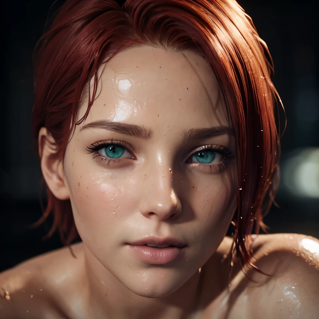 face, close-up. short, Red hair, green eyes, Wet, open mouth, sex with drool 15 years. ((elegance. Photorealism. Unreal engine. 3D model. Ultra high quality textures. high detail. Resolution 8K))