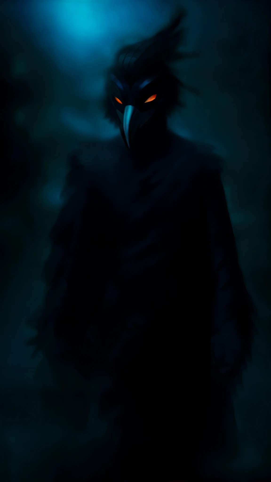 a raven man, long black feather coat, raven mask, masked face, colorful and bright round eyes, long black hair, detailed, realistic, 8k, high definition, hidden in the darkness of the night, thick fog background