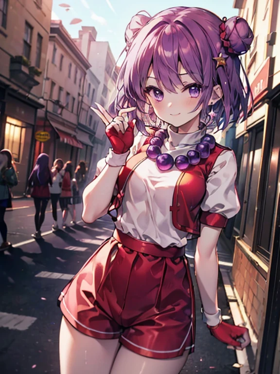 (masterpiece), (highest quality), (Super detailed), intricate details, athena 97, 1 girl, alone, purple eyes, purple hair, short hair, bun hair,white earrings, red hair band, star hair ornament, Medium breath,  purple spherical necklace, red fingerless gloves, red cheongsam ,shorts, short boots,(outdoor), photo shoot, smile, blush, Sunny, NSFW, cowboy shot, blurred background, street background,