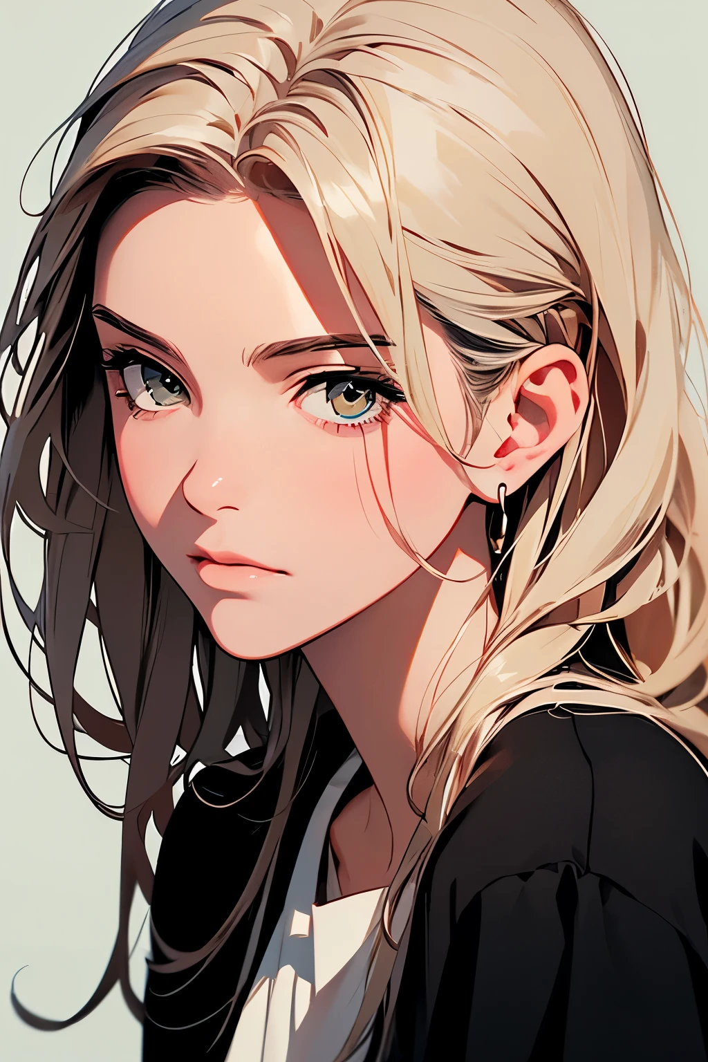 2D illustration, anime, portrait в изобразительном искусстве, in manhwa style, Bishamon from Noragami, 1 Girl, blond long hair, big hair, curly hair, {{фиоsummerвые глаза}}, draw up, Beautiful, a high resolution, masterpiece, Best quality, high detail, high detailed eyes, Grain filter, Detailed lips, a high resolution, ultra detailed, portrait, Caucasian Woman, Realistic proportions, Anatomically accurate, rosy cheeks; dark lighting, High quality, Awarded, a high resolution, 8K,, summer, obscene, Granularity, Илфорд HP5, 80 mm, strong soman, confident, Black clothes, (piece of art:1.2), better quality, pixiv, cool girl, glorious, blond hair, two, short shorts, big chest, brilliant earnings