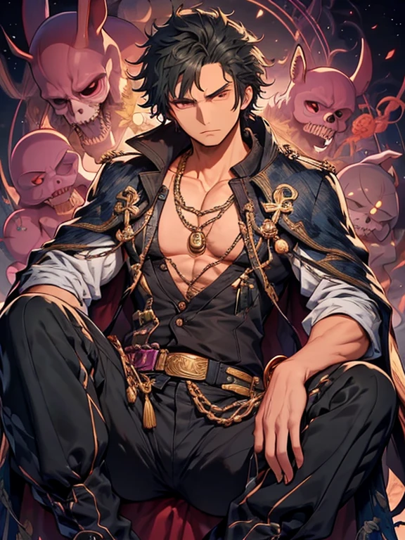 Un hombre, Su figura, muscular, delgado, ectomorfo, sin camisa, Proper address, maquillaje de calavera negra, grim face, maquillaje negro, color de pelo largo y blanco, dark magenta eyes, pale skin, grimorio, arabic magician cloth wrapped around background, guantelete, capucha de mago, properly drawn grimorio, tela enrollada alrededor de la cintura, grimorio properly drawn in hand, digital illustration, detalle extremo,  Arte digital,a, Botas metalizadas, completamente blindado, Tela enrollada alrededor de la cintura..