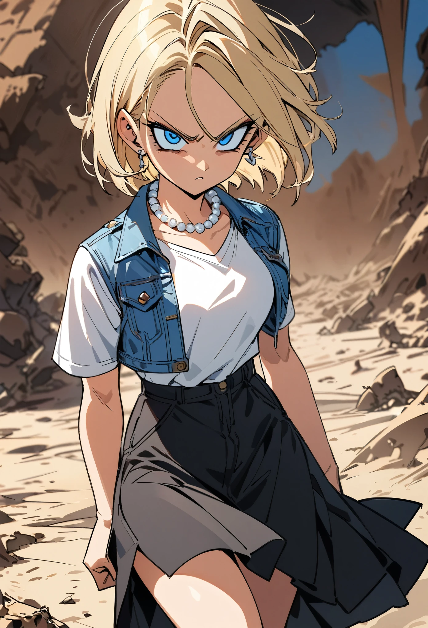 (Best quality, masterpieces, line drawings, line art,style of akira toriyama:1.1),1girl,solo,Mean Girl,blonde hair,short hair,centre parting bangs,blue eyes,sharp_eyes,slanted_eyes,Unfriendly eyes,Fierce expression,earrings,pearl necklace,White short-sleeved V-neck T-shirt with a blue denim crop jacket，Black JK Skirt, Over-the-Knee Socks,Wind, outdoors, wild wasteland,Blue sky, 