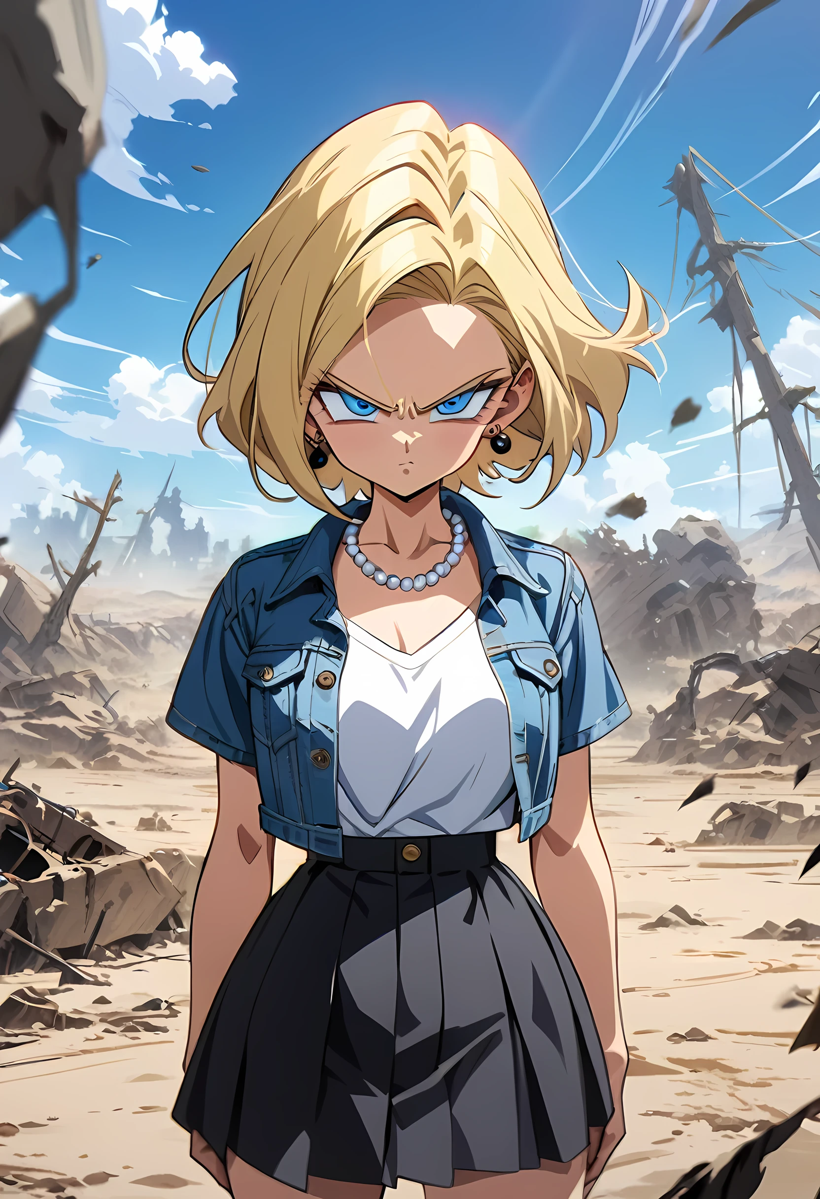 (mejor calidad, obras maestras, estilo animado,estilo de Akira Toriyama:1.1),1 chica,solo,chica mala,pelo rubio,cabello corto,Flequillo de separación central,blue eyes,inclinado_eyes,Ojos hostiles,expresión feroz,pendientes,collar de perlas,Camiseta blanca de manga corta con cuello en V y chaqueta corta vaquera azul，Falda JK negra, Calcetines por encima de la rodilla,viento, al aire libre, páramo salvaje,cielo azul,