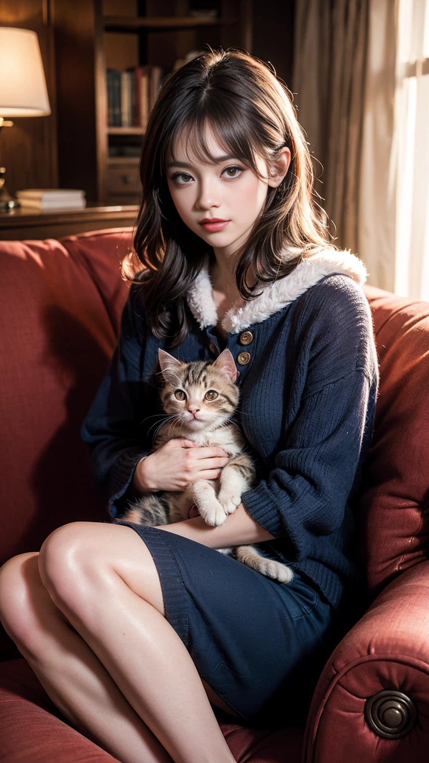 かわいい子猫, 高品質, 8K, 超詳細な, 写実的な, 映画照明, 暖かい色, 愛らしい表情, 遊び心のあるポーズ, 柔らかいソファに座っている, ふわふわの毛皮, 明るい目, ボタン鼻, ピンクの鼻, 小さなピンクの足, 巻き尾, 詳細なひげ