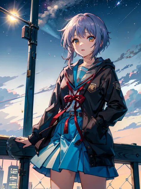 (masterpiece),(best quality), yuki, winter uniform, cardigan, kneehighs, blue skirt, serafuku, inexpressive, fence, rooftop, aur...