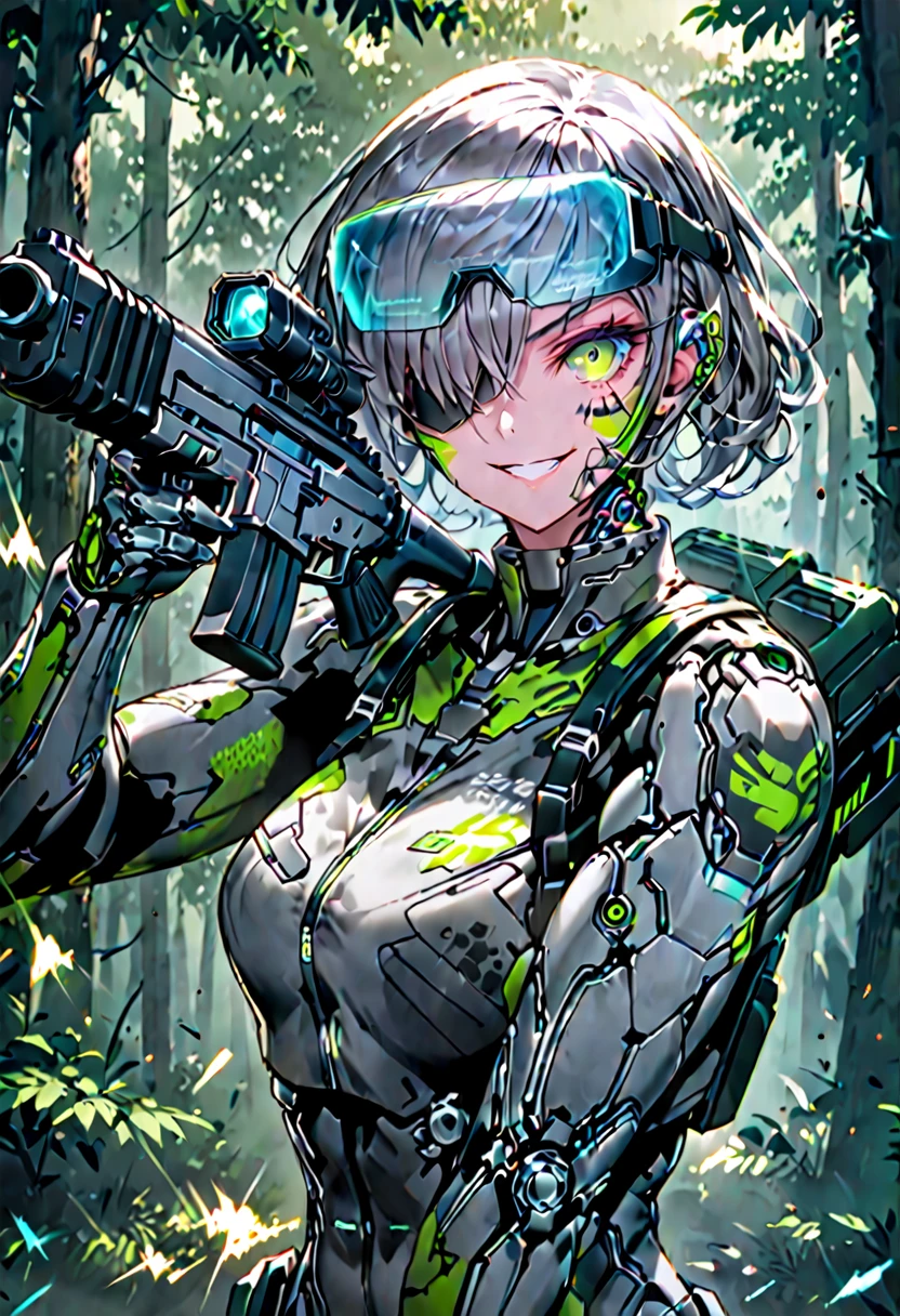 solo, female, sfw, medium shot, cyborg, completely augmented, combat, action pose, ready to fight, forest, smile, display over both eyes, shield sunglasses, bulky rifle, futuristic weapon, (camouflage), military equipment, hologram, head mounted display, face paint, aiming