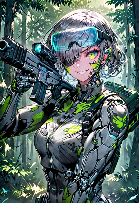 solo, female, sfw, medium shot, cyborg, completely augmented, combat, action pose, ready to fight, forest, smile, display over b...