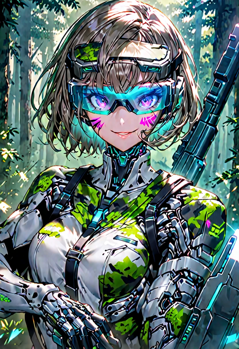 solo, female, sfw, medium shot, cyborg, completely augmented, combat, action pose, ready to fight, forest, smile, head display covering eyes, shield sunglasses, bulky rifle, futuristic weapon, (camouflage), military equipment, hologram, head mounted display, face paint,