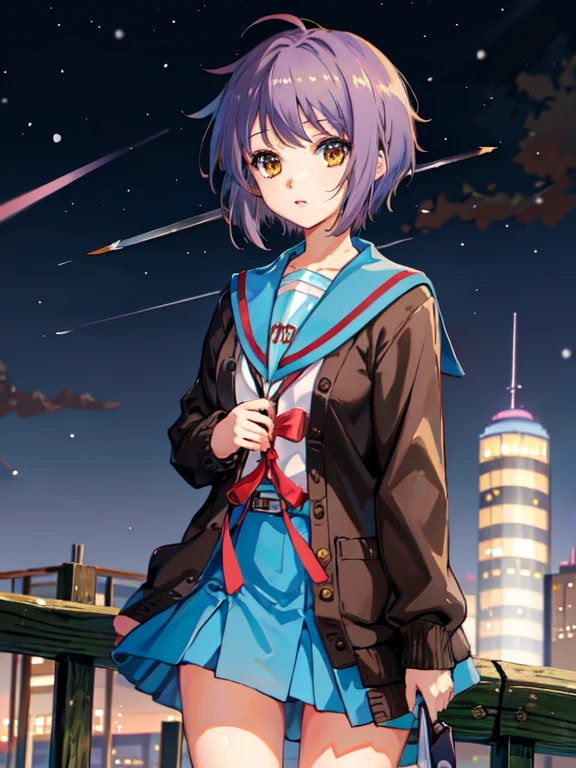 kyoani haruhi style, 1 Mädchen, Allein, Yuki Nagato, hohes Einkommen , Kurzes Haar, , blue Matrosenkragen, Matrosenkragen, serafuku, Strickjacke, lila Haare, bangs, braune Augen, Anime-Färbung, ((Meisterwerk)), Nacht, Gehweg, Messer halten, Obstmesser, Schneeing, Schnee,