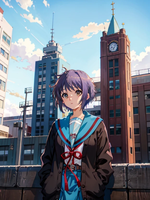 京アニハルヒ風, 1人の女の子, 一人で, yuki nagato, 高所得 , ショートヘア, , blue セーラーカラー, セーラーカラー, 熾天使, カーディガン, 紫色の髪, 前髪, 茶色の目, アニメカラーリング, ((傑作)),  屋上, 見上げる, 遠くを見る, 空を眺める, 美しい青空, (風), 全身, 下から,