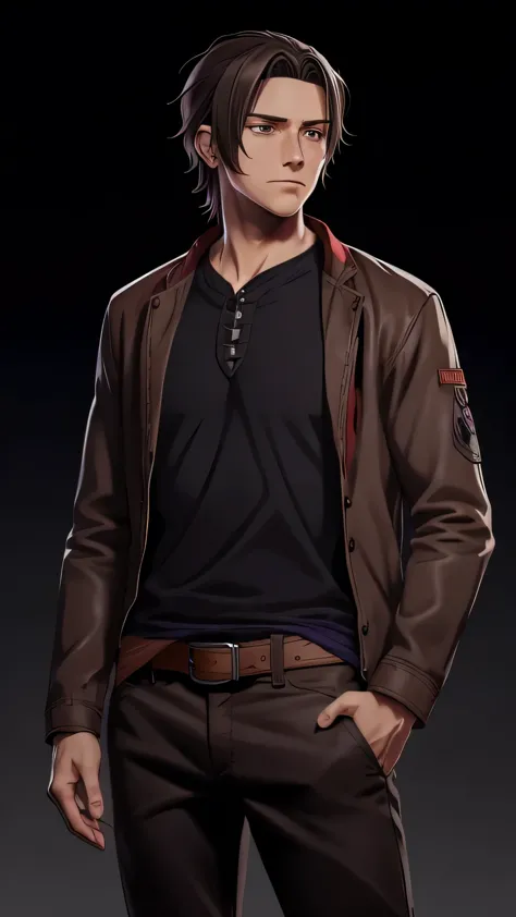 Man, Medium-length brown hair, scars on face,  Purple eyes, Red bandana around the neck, gray shirt, casual jacket, black belt, ...