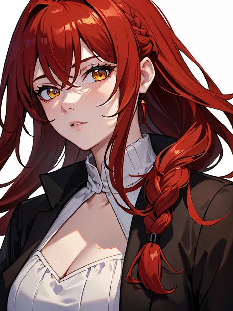 masterpiece, best quality, 1girl, red hair, yellow eyes,  black coat, detailed eyes, detailed facial features, realistic and hig...