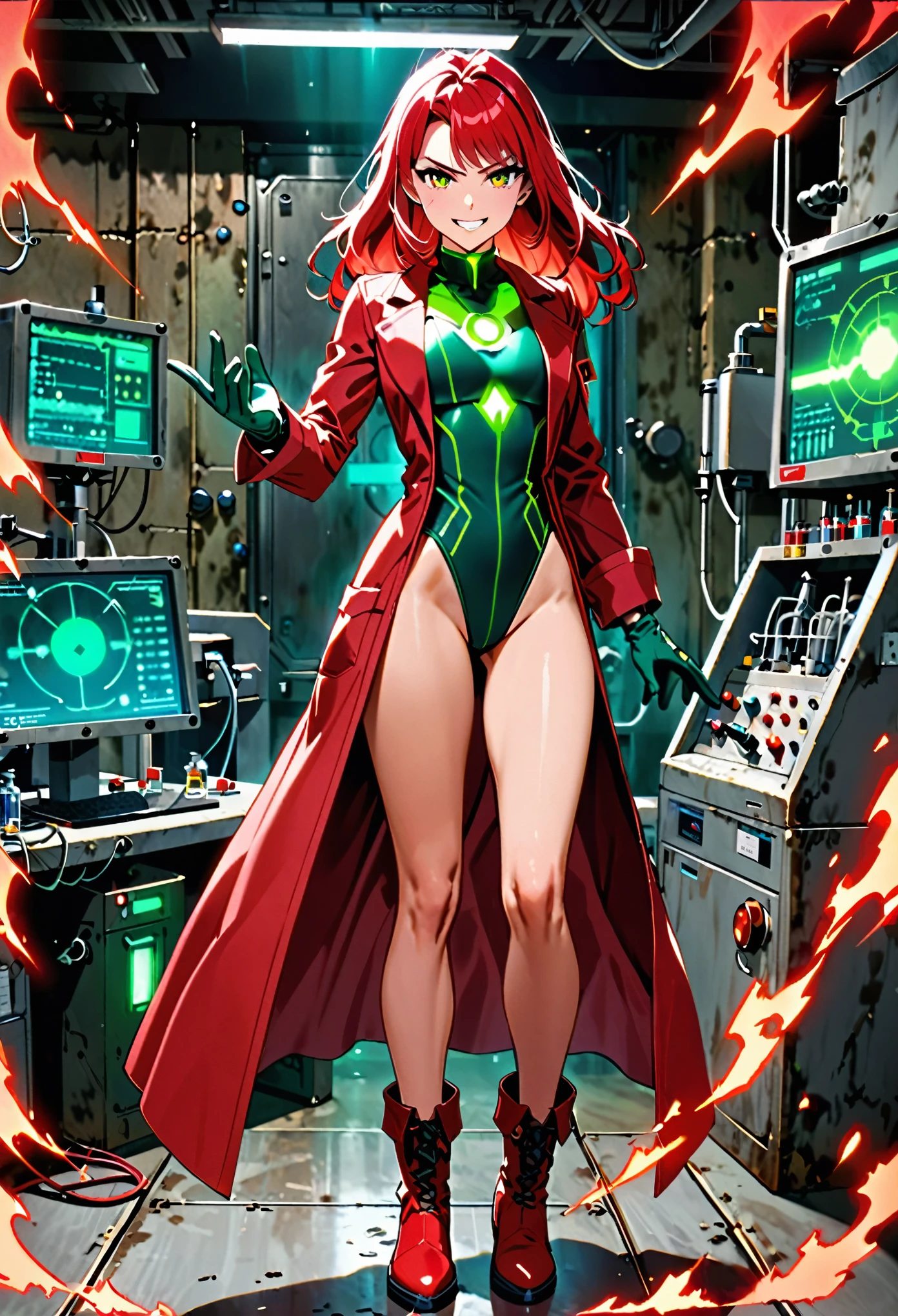masterpiece, best quality, 1girl, solo, tall body, scientist, mad scientist, (red lab coat), (green leotard), (red bow, hair bow), bare legs, (ankle-high boots, red boots, matching boots), (gloves, green gloves, matching gloves), (red hair, long hair), (hazel eyes, beautiful detailed eyes), (perfect hands, complete fingers, perfect anatomy, perfect proportions), scheming pose, professional, laboratory backdrop, cowboy shot, bunker, evil grin, (atomic symbol on chest), powering up, full body costume design, glow, energy pulse, (aura, red aura).
