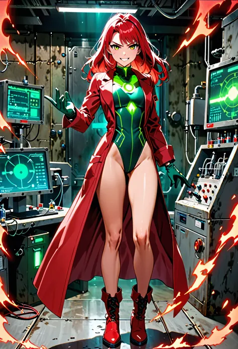 masterpiece, best quality, 1girl, solo, tall body, scientist, mad scientist, (red lab coat), (green leotard), (red bow, hair bow...