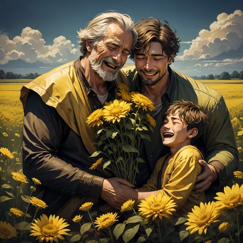 The father and the prodigal son embracing in a field full of yellow flowers . an old man and a young man, the father crying with...