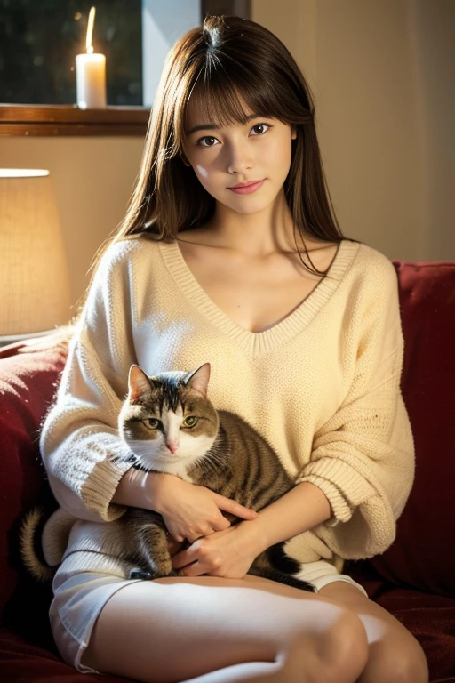 beautiful cat, corrected-cat, She is holding a kitty calico cat on her lap, cat is sleeping, on sofa looking viewer, Japanese girl , 16 year old ,(middle hair, brown hair, fringe, little smiling) ,(masterpiece, highest quality, Very detailed, Ultra-high resolution, (photopractical:1.4), Original photo, (practical:0.2), 8K HDR,)、dark room, 1 candle lighting