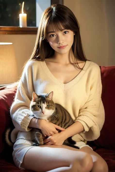 beautiful cat, corrected-cat, She is holding a kitty calico cat on her lap, cat is sleeping, on sofa looking viewer, Japanese gi...