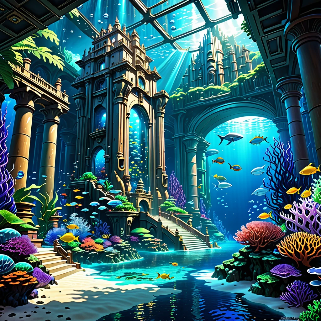 a painting of a beyond-dimensional fantasy world,a world of under the sea,Atlantis,science fiction,uplighting,studio Ghibli,unreal engine,epic composition,CG digital render,Ultra HD,technique highly detailed,triadic color scheme