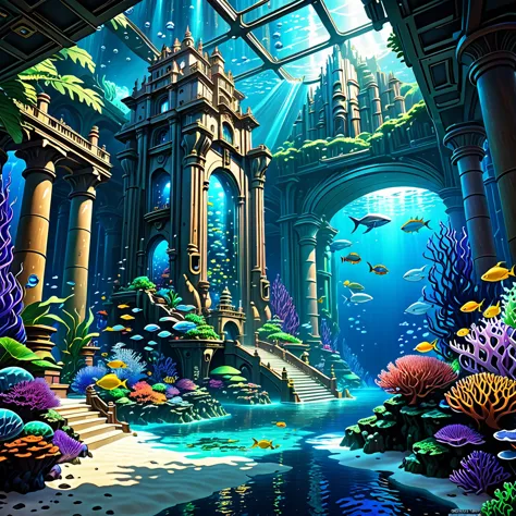 a painting of a beyond-dimensional fantasy world,a world of under the sea,atlantis,science fiction,uplighting,studio ghibli,unre...