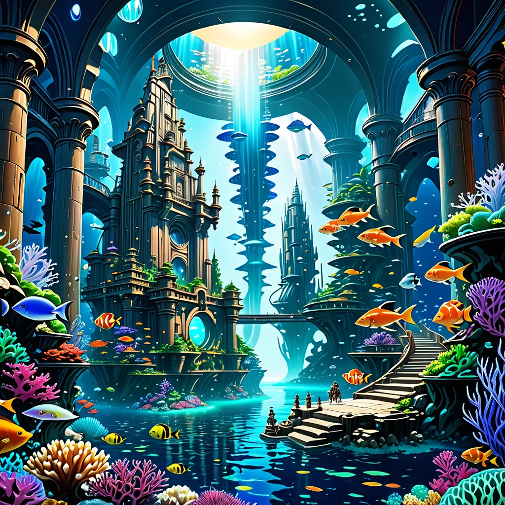 a painting of a beyond-dimensional fantasy world,a world of under the sea,Atlantis,science fiction,uplighting,studio Ghibli,unreal engine,epic composition,CG digital render,Ultra HD,technique highly detailed,triadic color scheme