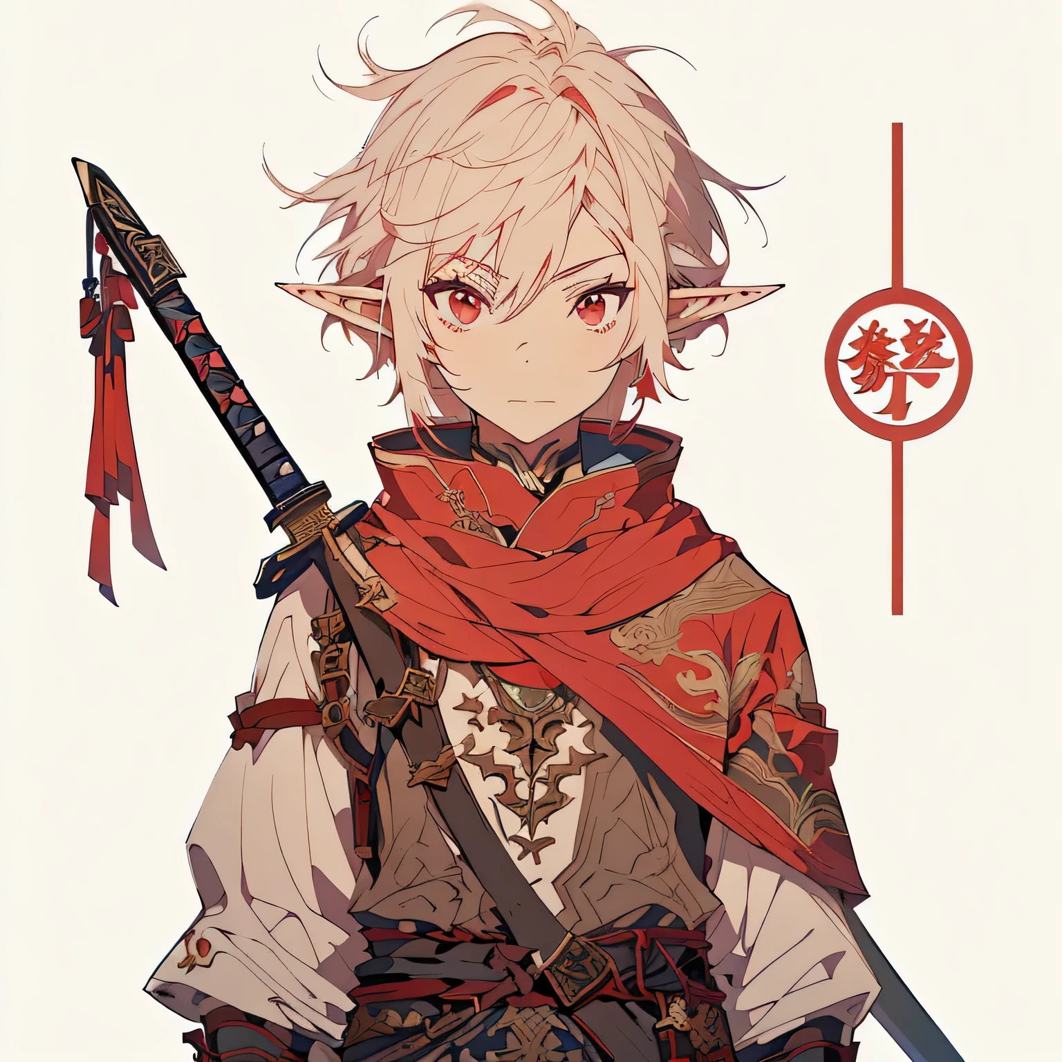 anime character with red eyes and a sword in his hand, lalafell, genshin, young half elf wizard, keqing from genshin impact, a male elf, anime in fantasy style, rpg character art, portrait of a young elf wizard, a portrait of a male elf, ( ( character concept art ) ), official character art, detailed anime character art