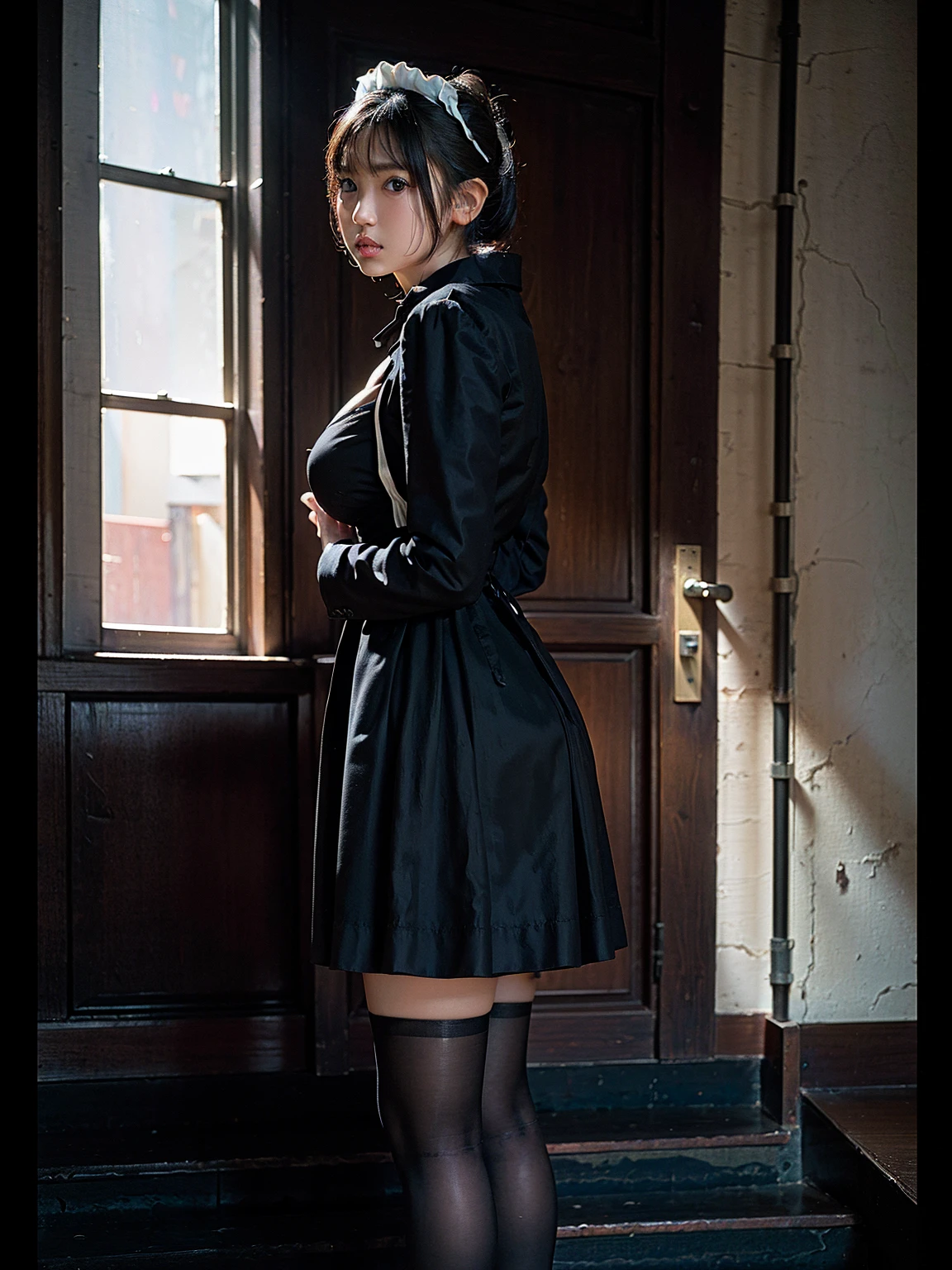 (41k4:1), (aika-sawaguchi:1), masterpiece, Best Quality, 8K, Raw photo, (wearing maid uniform:1.6), top-notch quality, masterpiece, (arms behind back:1.3), solo, (1 pretty Japanese girl), (wearing black stockings:1.2), exceptionally detailed RAW color photo, professional-grade photograph, (Realistic, Photorealistic:1.37), (highly detailed skin:1.2), Ultra-high resolution, (lens 50mm), (masterpiece, top-quality:1.3), (facing viewer:1.7), (hyper realistic:1.35), (Photorealistic:1.45), (Realistic:1.4), (looking at viewer:1.4), 1 beautiful girl, 18 years old, Japanese idol, supermodel, pale skin, (slim:1.3), (slim body:1.25), (slender body:1.25), (narrow waist:1.25), pretty face, (large breasts:1.15), (deep cleavage:1.2), gravure idol