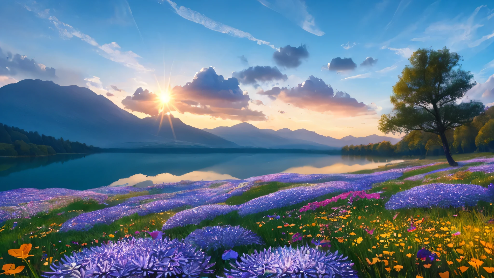 There is a forested plain nearby.，Flowers are blooming on the plains，There is a lake，There are stones，hazy mountain in the distance々i can see，The sky was filled with clouds，The sun rises，Starlight，Watercolor Asters 