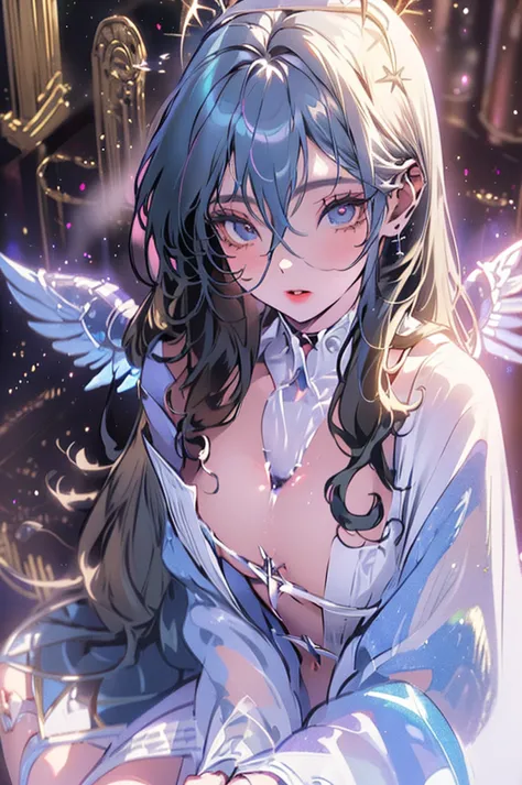 (masterpiece, best quality, CGI, official art:1.2), (stunning celestial being:1.3), (iridescent wings:1.4), shimmering silver ha...