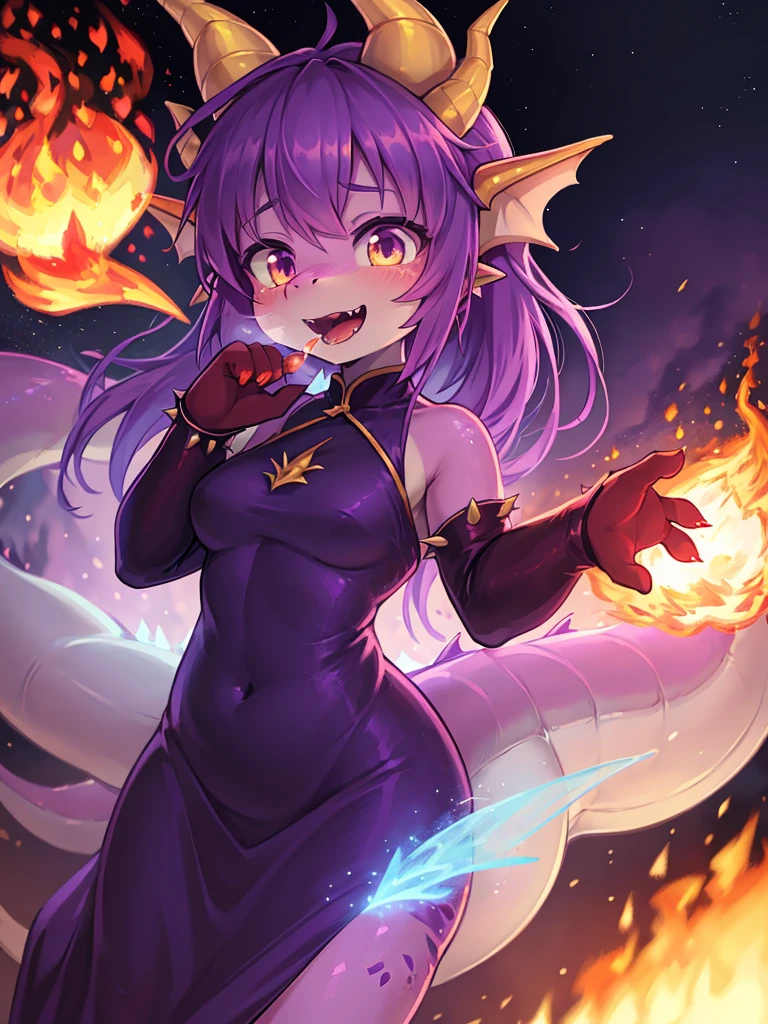 Hallucination, daydream , bokeh , Ghost, (fire Dragon monster Girl:1.5), Purple Skin, spike, Spiky purple hair, Caught Laughter, Floating Hand, Wearing a deep purple long slit china dress, Floating in the air, masterpiece, highest quality , Show secretly , (Breathing fire from the mouth:1.3)