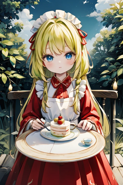 (8k, highest quality, Tabletop:1.2)、Ultra-high resolution, Detailed face, One 10-year-old girl, blue eyes, Blonde, Braid, Long Hair, Red ribbon on head, Red dress, White apron, blue sky, in the forest, wood々, table cloth, Set of cake and tea on the table, Sit on a chair、hjy, a green and white dress with a bird on it