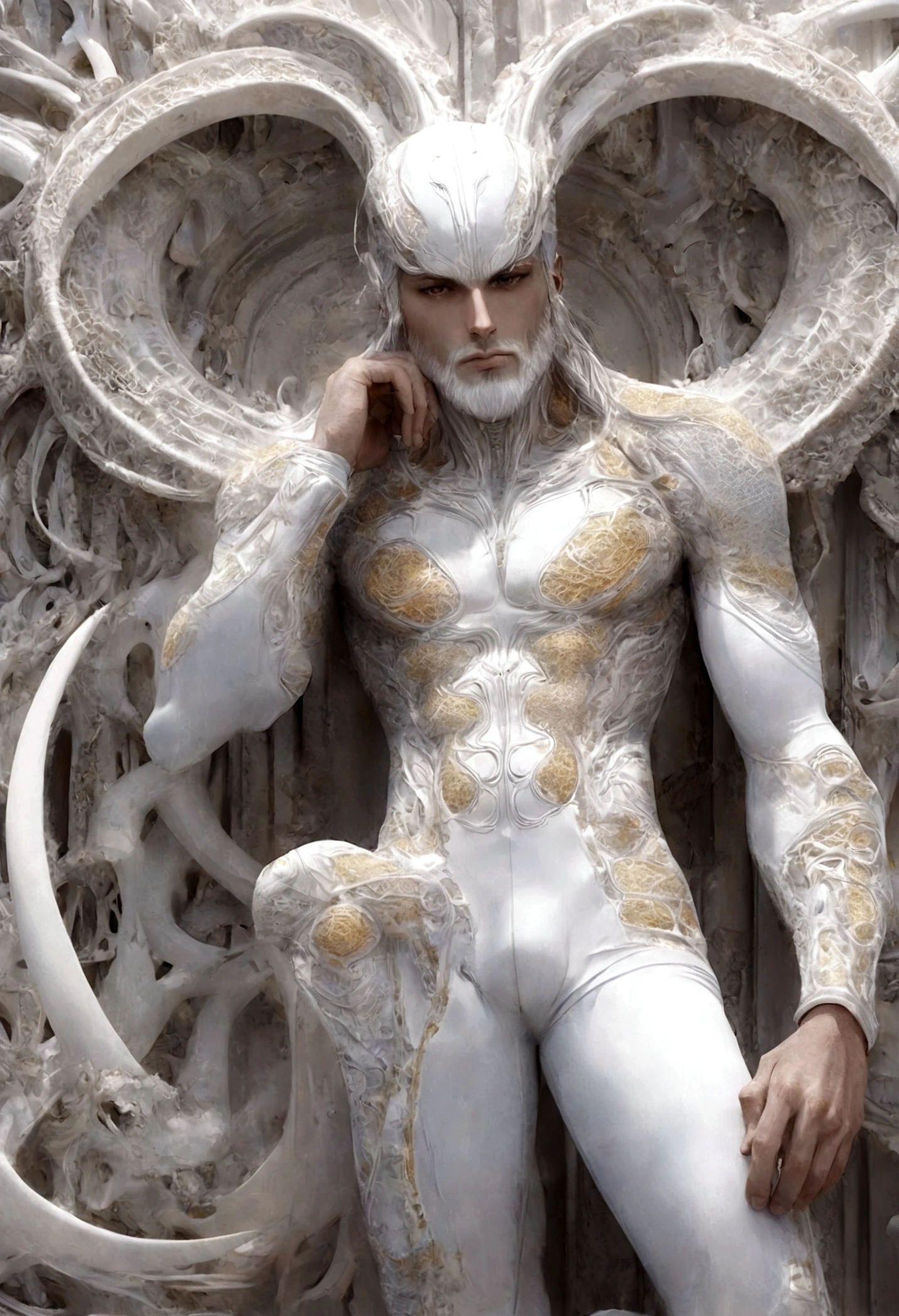 Crie uma obra de arte em 3D de um homem celestial usando um roupa branca adornado com (((detalhes intrincados))). A obra deve incorporar a (((best possible quality))), with an emphasis on (((detalhes extremos))) e uma (((Complex composition))). Utilize uma paleta de cores que reflita uma aura celestial, com tons suaves de azul, Ethereal white and subtle touches of gold. Make sure the composition exudes a sense of otherworldly beauty and tranquility. Inspire-se em artistas como (((H.R. Giger))), (((ZBrushCentral))), e (((Vitaly Bulgarov))), masculine, manly, man, beard