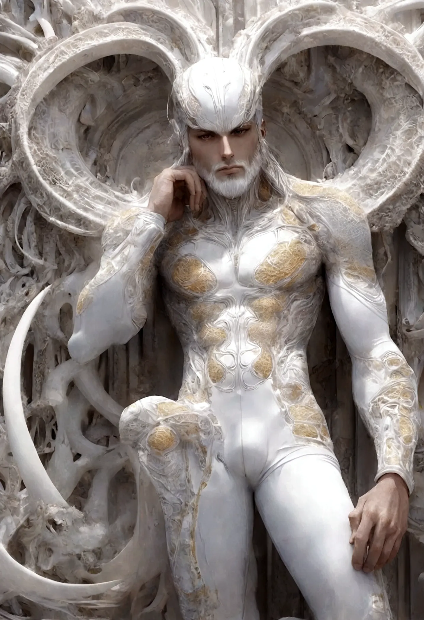 Crie uma obra de arte em 3D de um homem celestial usando um roupa branca adornado com (((detalhes intrincados))). A obra deve in...