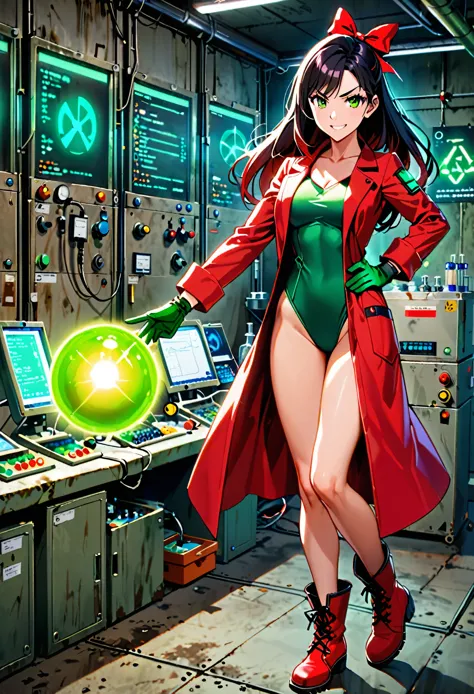 1girl, solo, tall body, scientist, mad scientist, (red lab coat), (green leotard), ((red hair bow)), bare legs, (ankle-high boot...