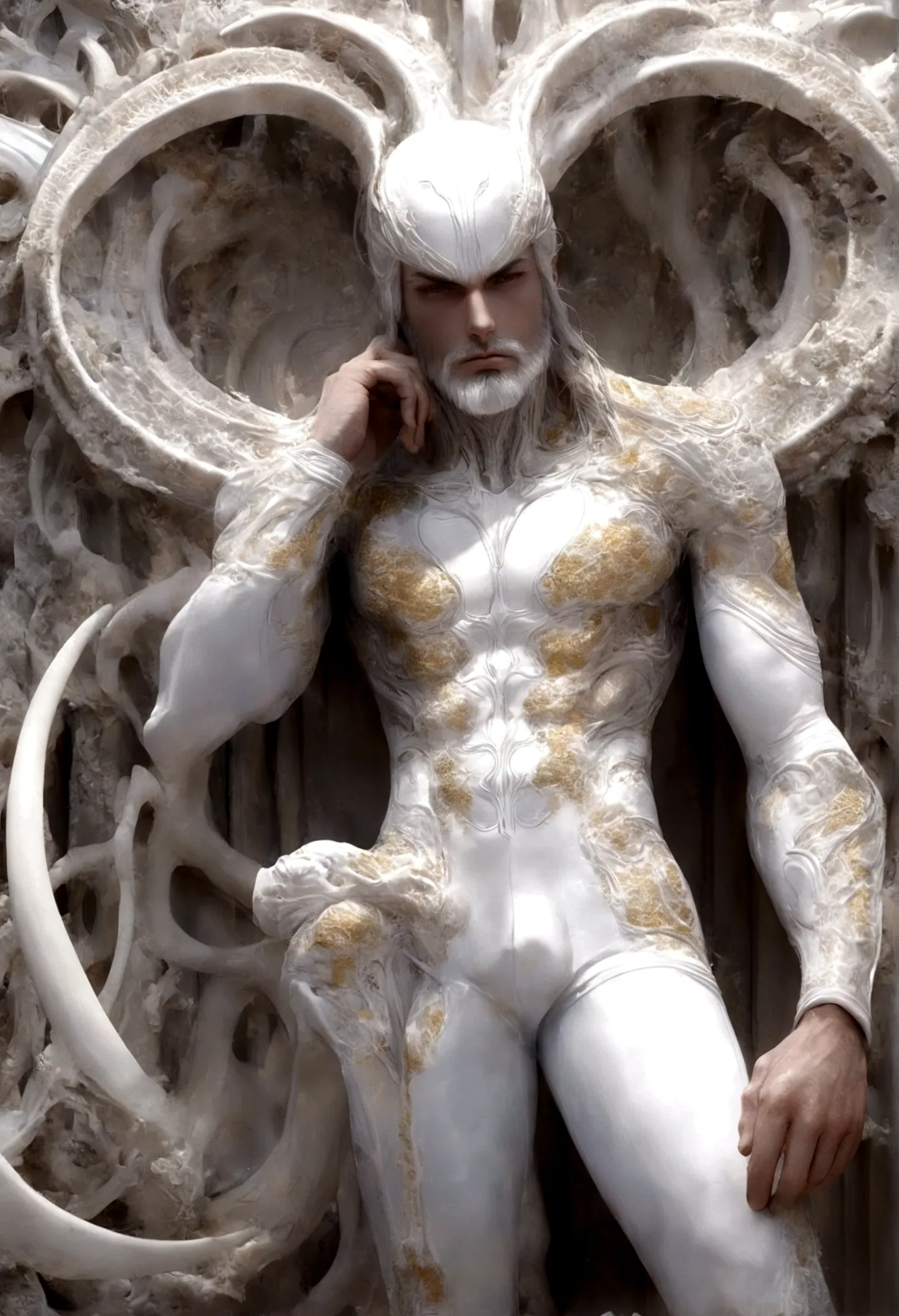 Crie uma obra de arte em 3D de um homem celestial usando um roupa branca adornado com (((detalhes intrincados))). A obra deve in...