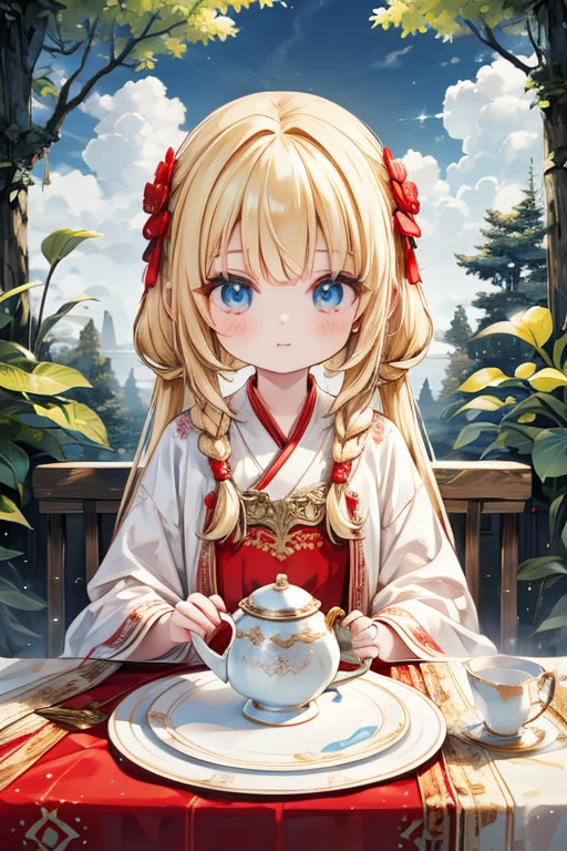 (8k, highest quality, Tabletop:1.2)、Ultra-high resolution, Detailed face, One 10-year-old girl, blue eyes, Blonde, Braid, Long Hair, blue sky, in the forest, wood, table cloth, Set of cake and tea on the table, Sit on a chair、hjy, a woman in a red and white dress and a red and white robe