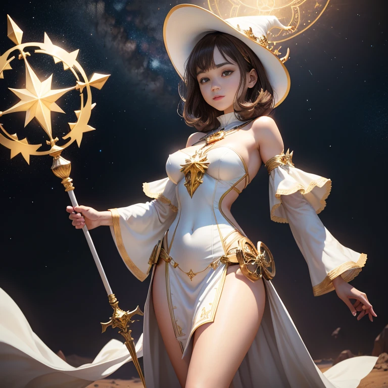 Full Body, Female short light brown hair dark fantasy girl wearing an intricate elaborate futuristic holy white light mini dress with holy white mini dress with elaborated holy gold ornaments, holy gold cross in the chest, white short mini skirt, wearing a pointy witch hat holding a large staff, conjuring a magic circle, stars, night desert background with a big floating rock at the distance