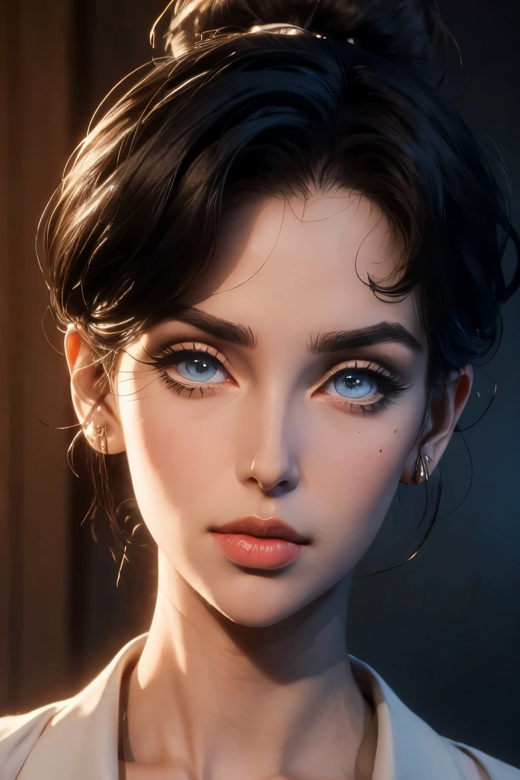 ((( portrait))) of beautiful brunette (female) in her 30s ,mature look, (small mouth) but (thick kissable lips), shy gaze, ((((tiny snob nose)))) ,( prefect shaped eyes),((blue eyes)) ,long eyelashes, eyeliner ,((( thick eyebrows))) , charming, cute , ((( sleek slicked back hair bun ))), ( black hair), fair skin, modern look, stylish , classy, wearing Unbuttoned classic shirt, clivage , ((Castlevania style)), (90s retro style), 3d style