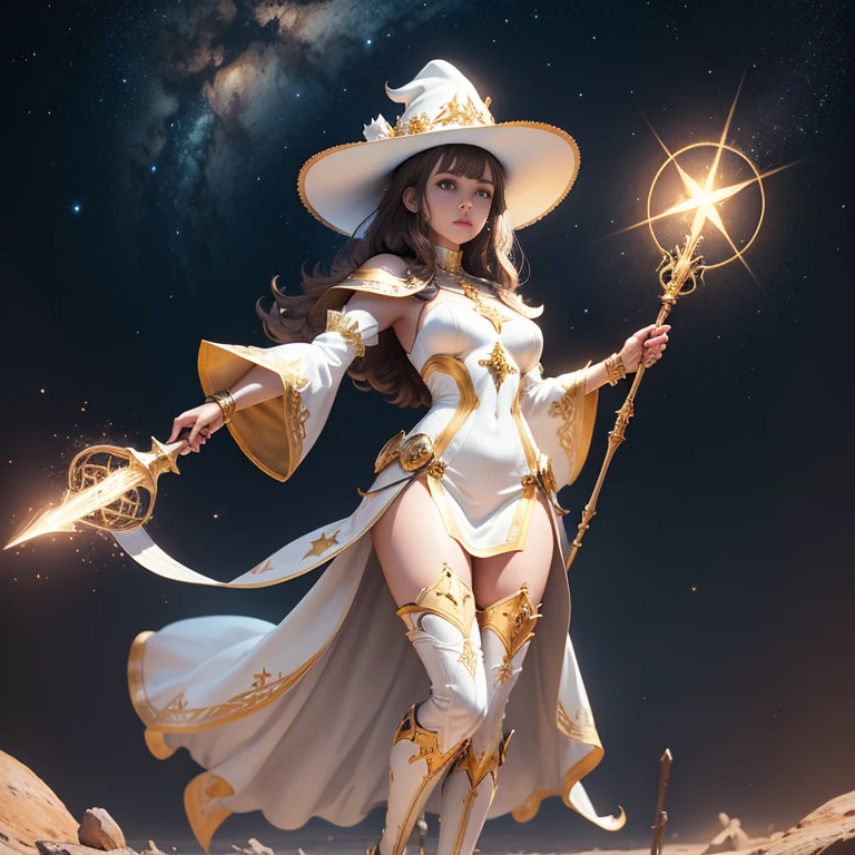 Full Body, Female short light brown hair dark fantasy girl wearing an intricate elaborate futuristic holy white light mini armor dress with elaborated holy gold ornaments, holy gold cross in the chest, white short mini skirt, white long boots, wearing a pointy witch hat holding a large staff, conjuring a magic circle, stars, night desert background with a big floating rock at the distance