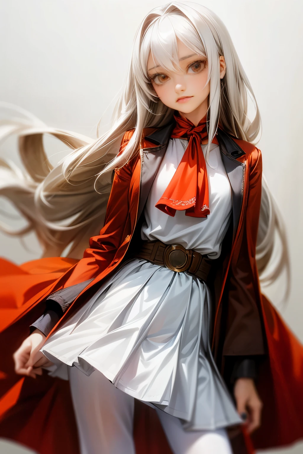 1girl, masterpiece, best quality, highquality, OLGA_MARIE, WHITE_HAIR, ORANGE_EYES, LONG HAIR, hair between eyes, long sleeves, jacket, red ascot, dress, skirt, pantyhose, very long hair, cowboy shot, 