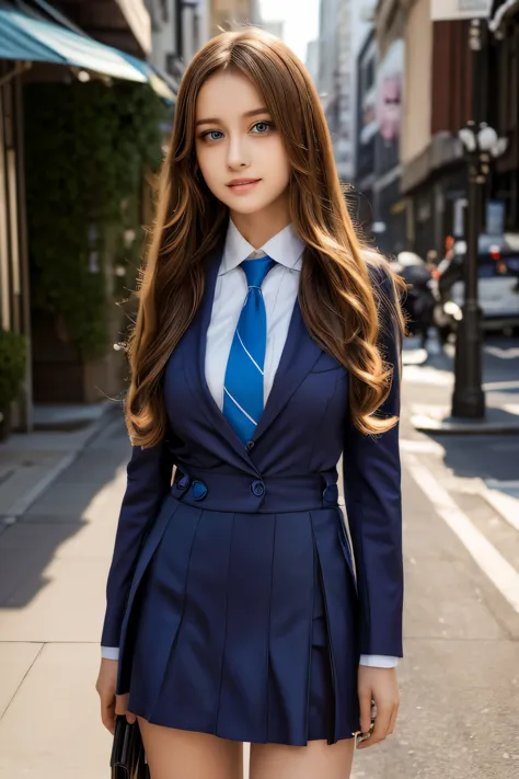 Anime girl standing on city street with long hair and blue eyes, trending in ArtStation Pixiv, purple eyes, blue tie, beautiful ...