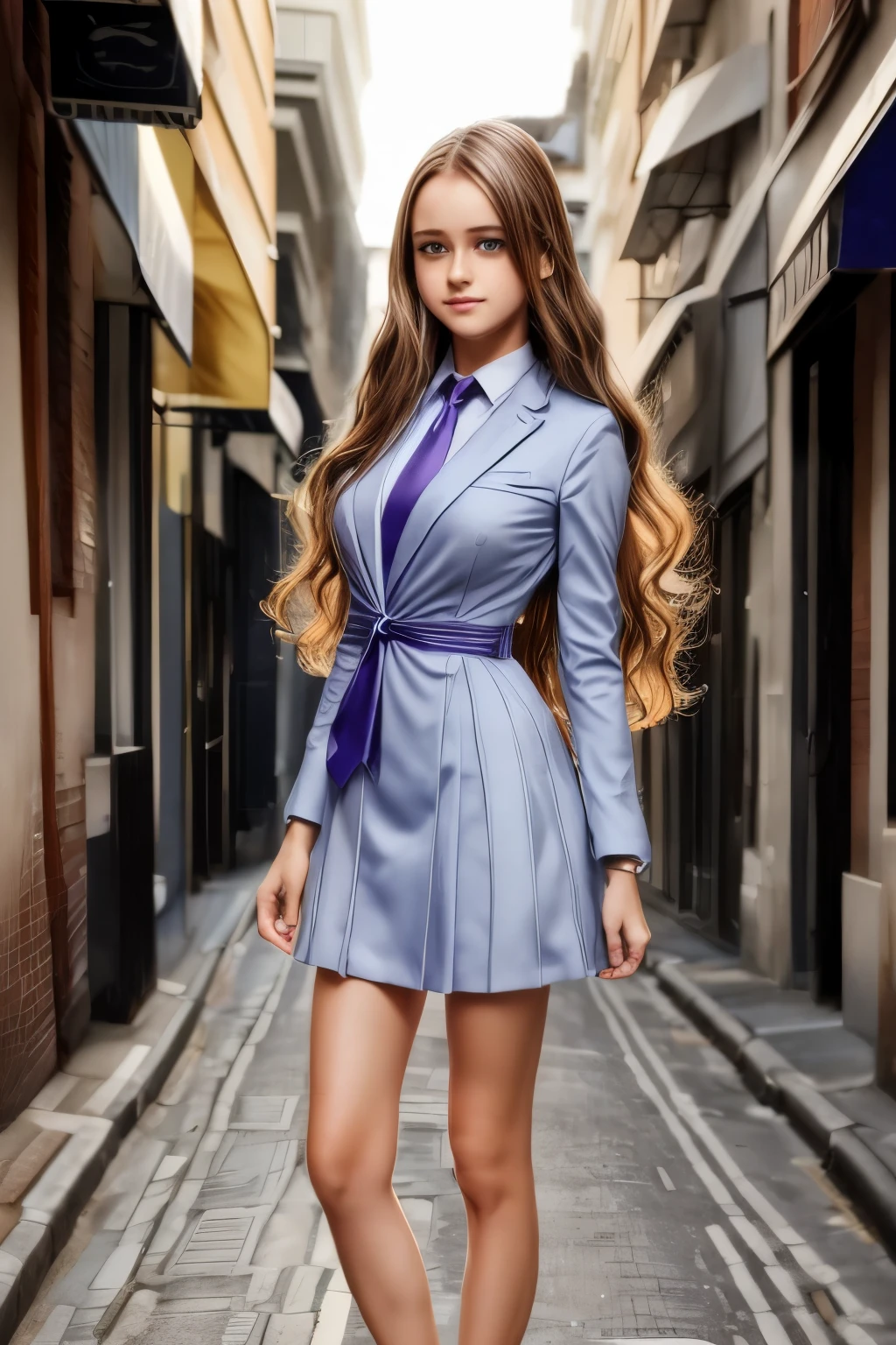 Anime girl standing on city street with long hair and blue eyes, trending in ArtStation Pixiv, purple eyes, blue tie, beautiful (detailed eyes, detailed face,) Ahegao, euladef, noble temperament, high heels, no watermark