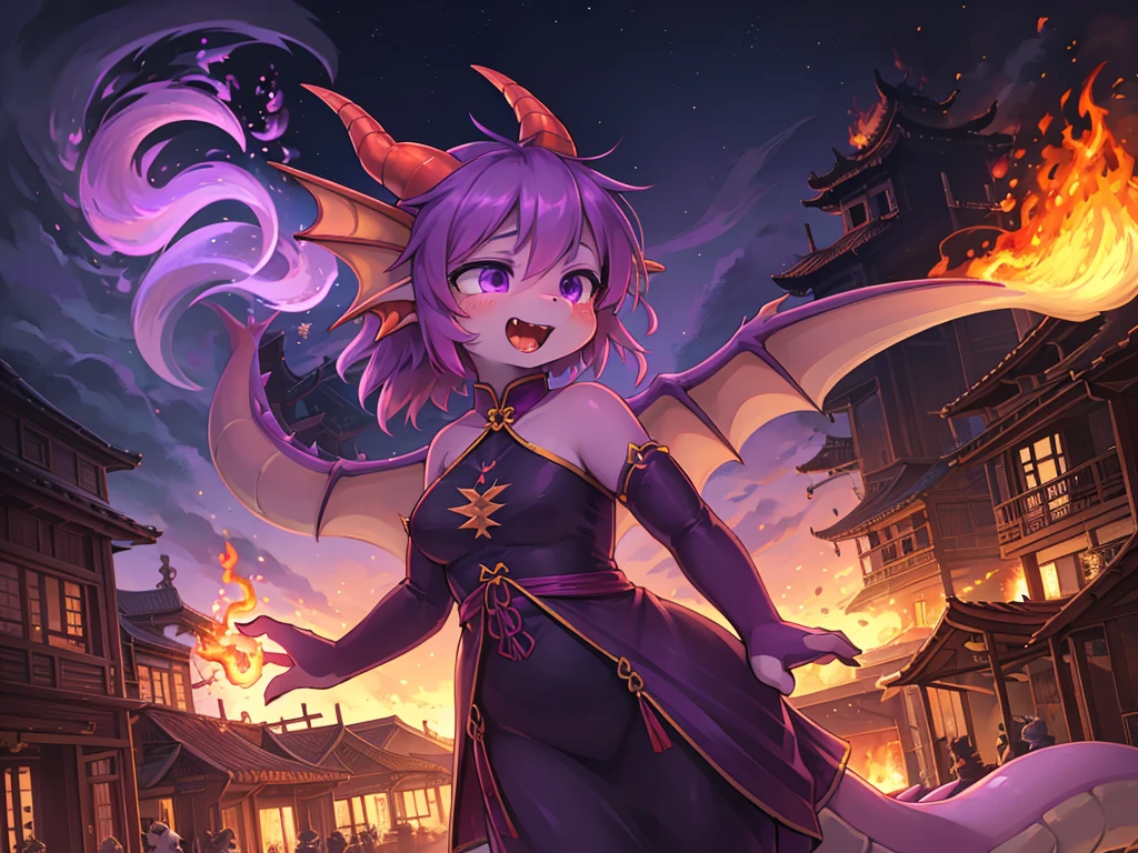 Hallucination, daydream , bokeh , Ghost, (fire Dragon monster Girl:1.5), Purple Skin, spike, Spiky purple hair, Caught Laughter, Floating Hand, Wearing a deep purple long slit china dress, Floating in the air, masterpiece, highest quality , Show secretly , (Breathing fire from the mouth:1.3) , Long muzzle , Burn down the town