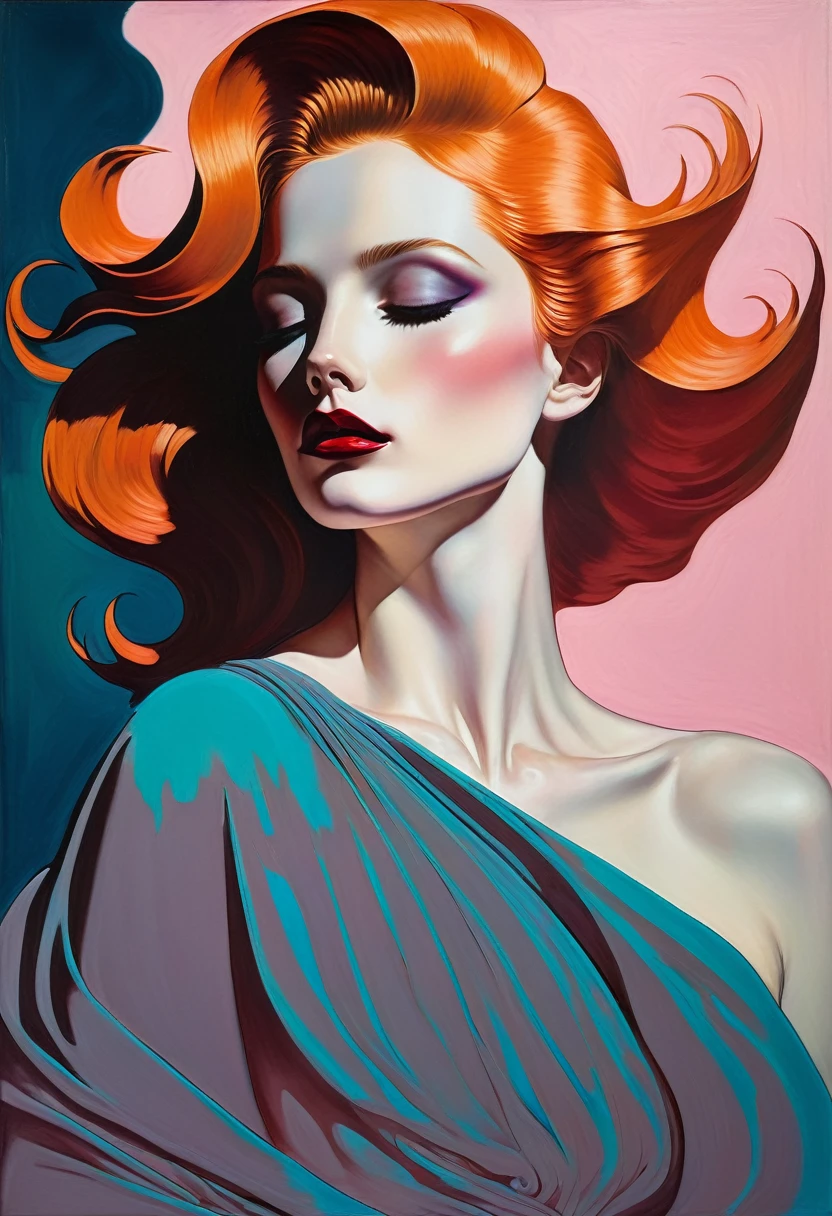 chiaroscuro technique on sensual illustration of an elegant 1980s woman, vintage beauty, eerie, the model draped in flowing, thick oil painting, by Hannah Dale, by Harumi Hironaka, extremely soft colors, vibrant, highly detailed, malcolm liepke painting, oil on canvas,  high contrast, dramatic, refined, tonal, Create high contrast between light and shadow