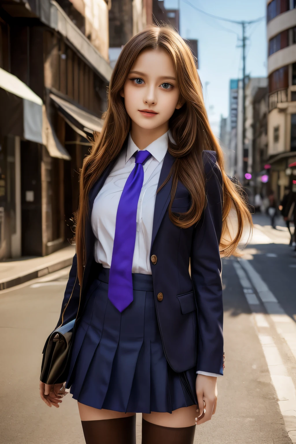 Anime girl debout dans la rue de la ville avec des cheveux longs et des yeux bleus, tendances dans ArtStation Pixiv, yeux violets, Cravate bleue, Beau (yeux détaillés, Visage détaillé,) Ahegao, euladef, Tempérament noble, Talons hauts, pas de filigrane