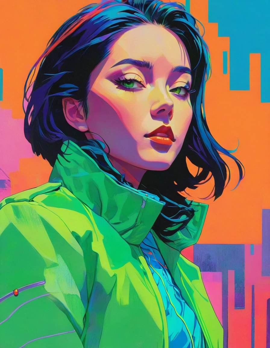 a close up of a woman with a bright green jacket, inspired by Russell Dongjun Lu, jen bartel, vibrant fan art, neon version of style jim burns, neon noir, by Galen Dara, kilian eng vibrant colours, with a blue background, kilian eng vibrant colors, by Pedro Pedraja, cmyk portrait, by Shinoda Toko